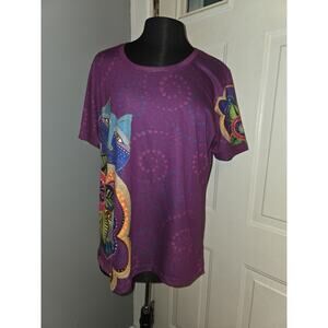 Laurel Burch Women Short Sleeve Graphic Cats Tee T-Shirt Purple XL Art To Wear